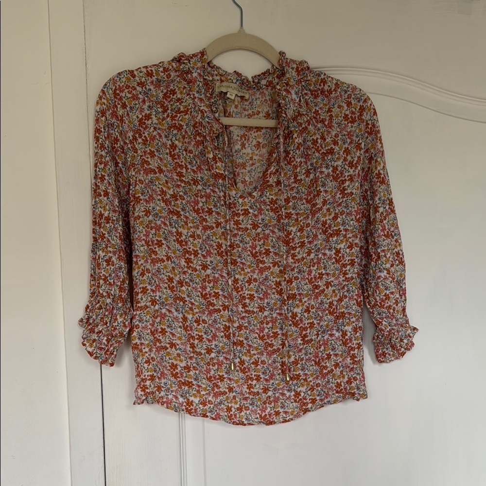 Brown and Orange Ruffled Blouse with Cuffed Sleeves